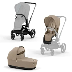 Set e-Priam Rahmen Chrome Black mit Wanne Lux und Sitzpaket Cozy Beige