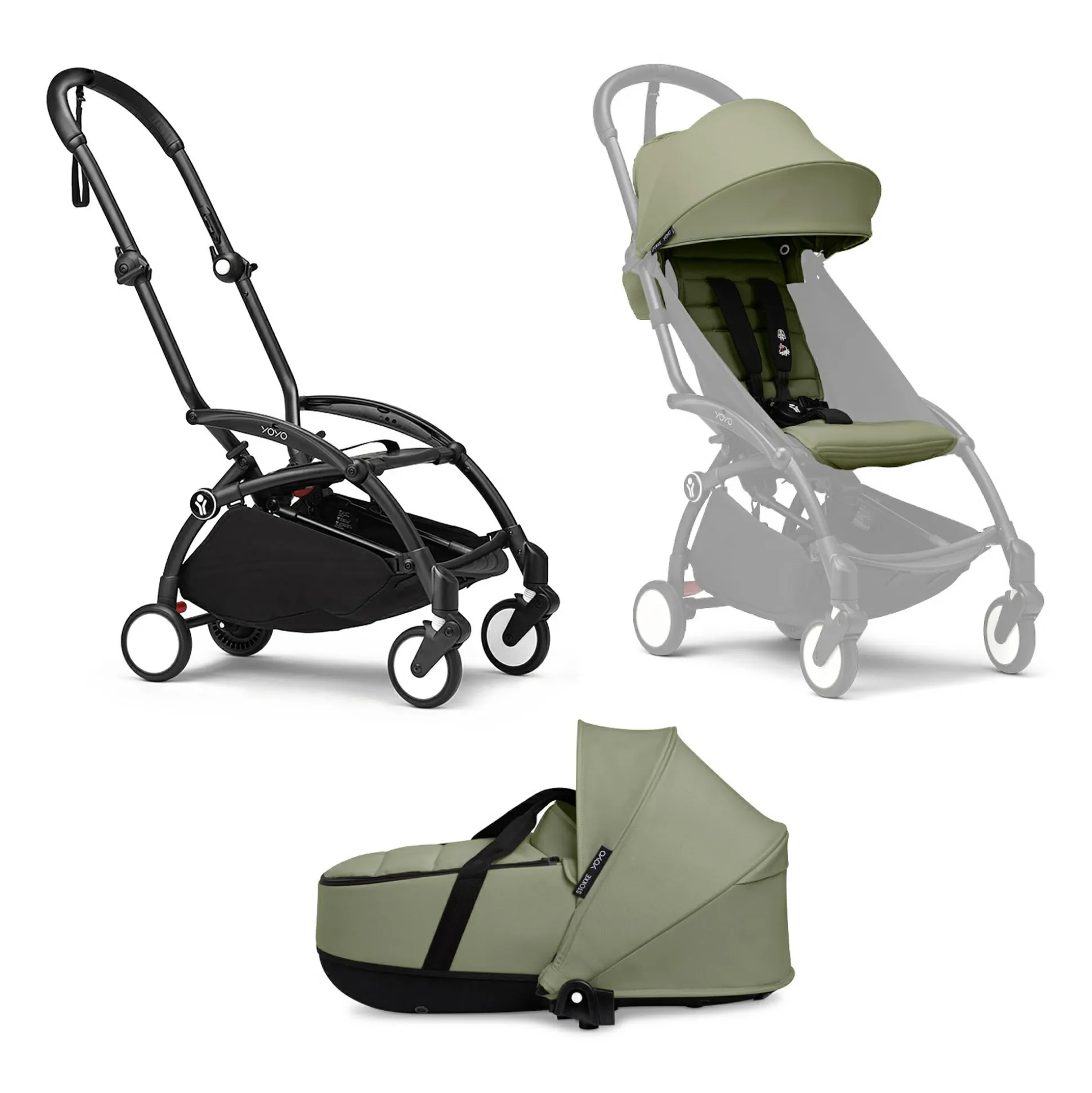 Set YOYO³ Gestell Black mit 0+ Liegewanne und 6+ Textilset Olive